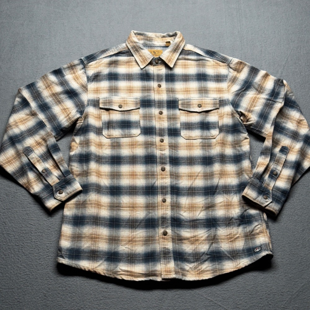 Red Head Ranch Mens Flannel Shirt L Blue Tan Plaid Cotton Long Sleeve Workwear